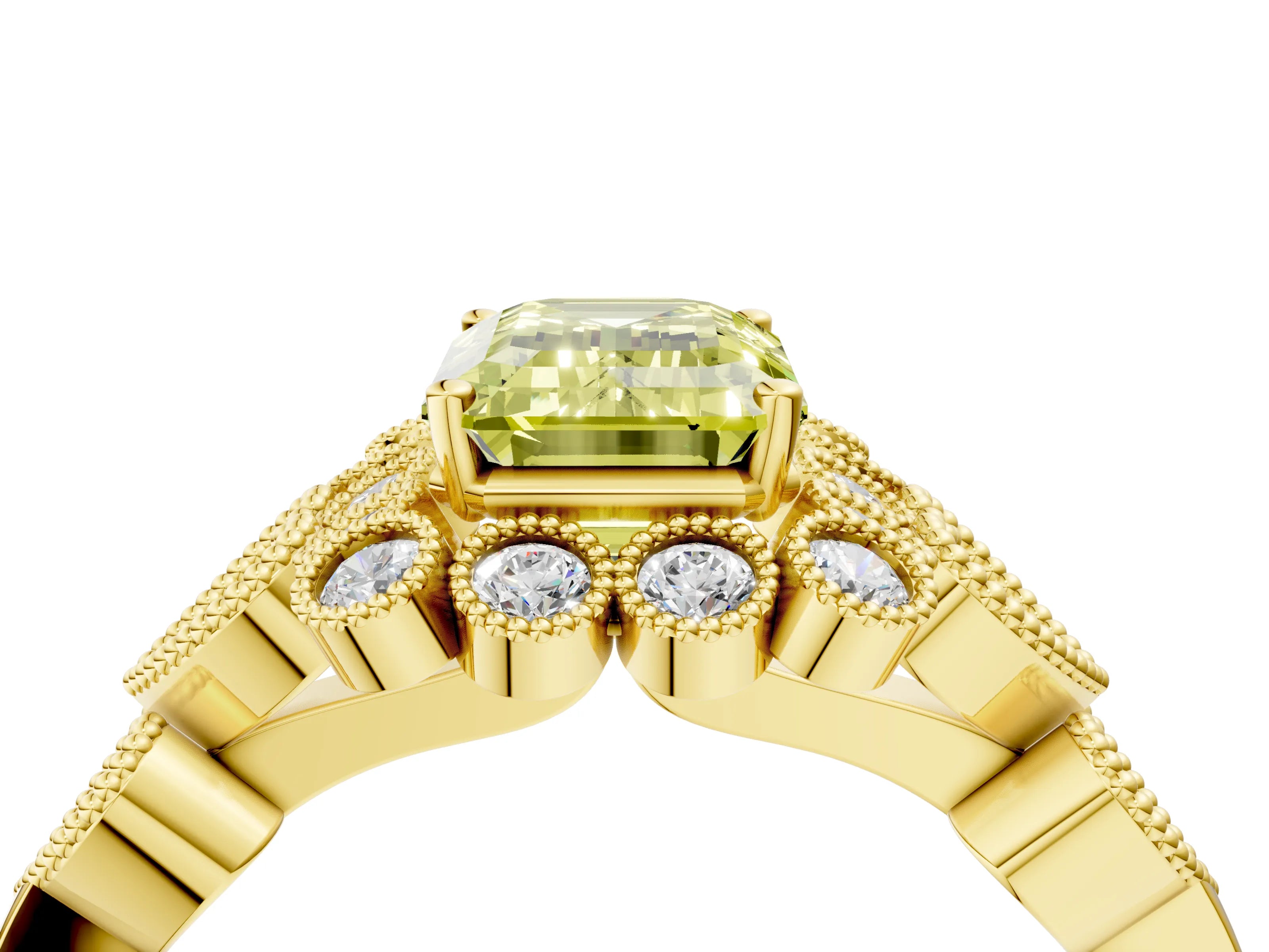 Yellow gold Fancy Yellow Emerald Cut Brilliant Milgrain Pave Heart Band Solitaire Ring_4
