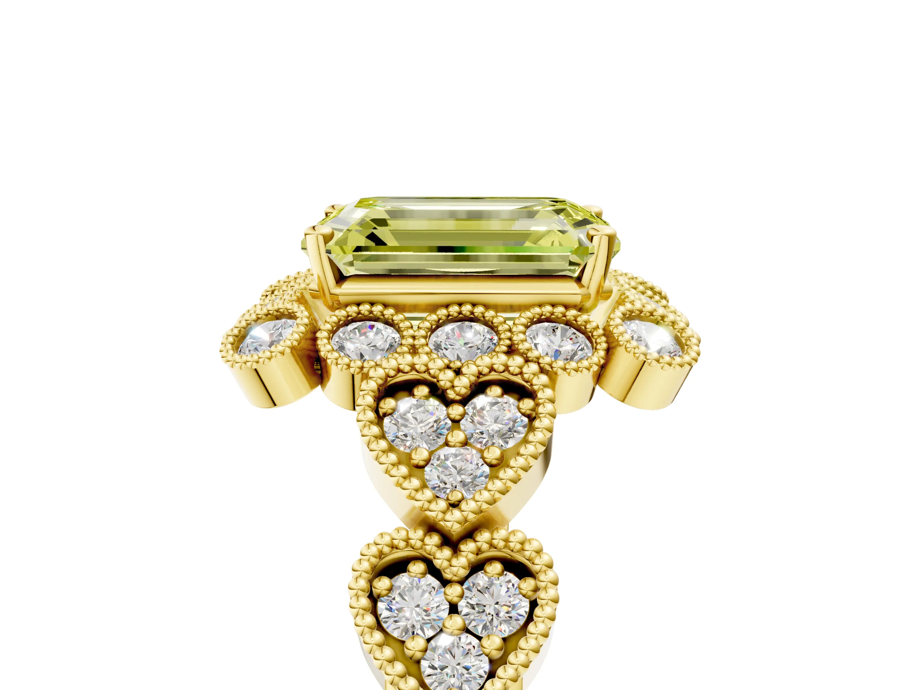 Yellow gold Fancy Yellow Emerald Cut Brilliant Milgrain Pave Heart Band Solitaire Ring_5
