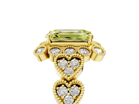 Yellow gold Fancy Yellow Emerald Cut Brilliant Milgrain Pave Heart Band Solitaire Ring_5