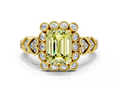 Yellow gold Fancy Yellow Emerald Cut Brilliant Milgrain Pave Heart Band Solitaire Ring