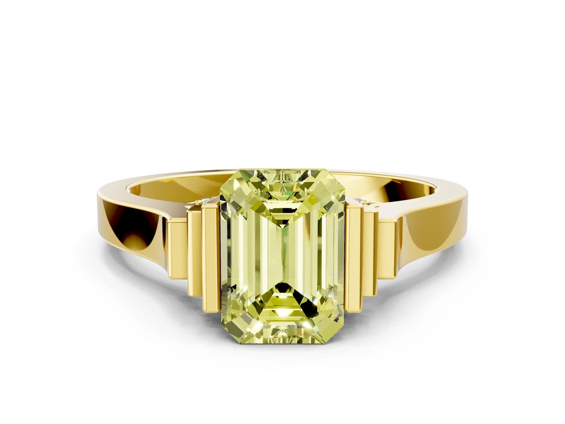 Yellow gold Fancy Yellow Emerald Cut Brilliant Solitaire Diamond Ring with Channel Set Band and Bar Prong Setting