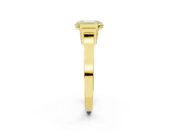 Yellow gold Fancy Yellow Emerald Cut Brilliant Solitaire Diamond Ring with Channel Set Band and Bar Prong Setting