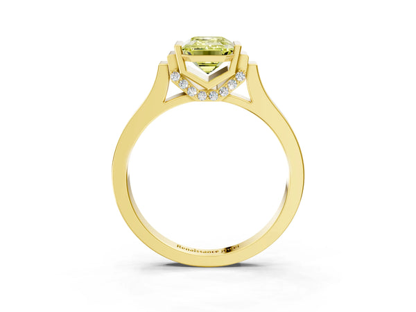 Yellow gold Fancy Yellow Emerald Cut Brilliant Solitaire Diamond Ring with Channel Set Band and Bar Prong Setting