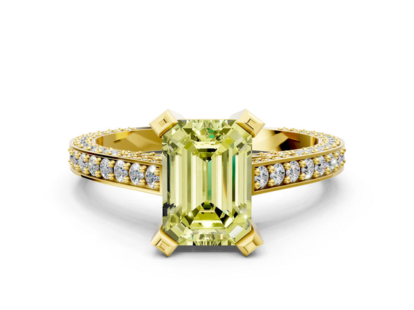 Yellow gold Fancy Yellow Emerald Cut Brilliant Split Shank Pave Solitaire Ring with Four-Prong Setting