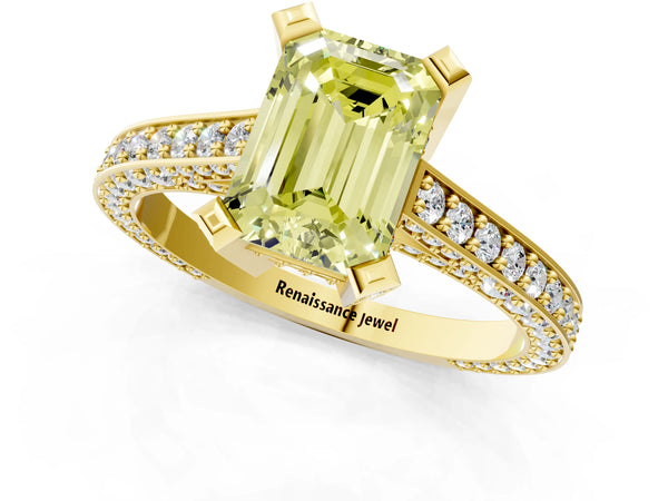 Yellow gold Fancy Yellow Emerald Cut Brilliant Split Shank Pave Solitaire Ring with Four-Prong Setting
