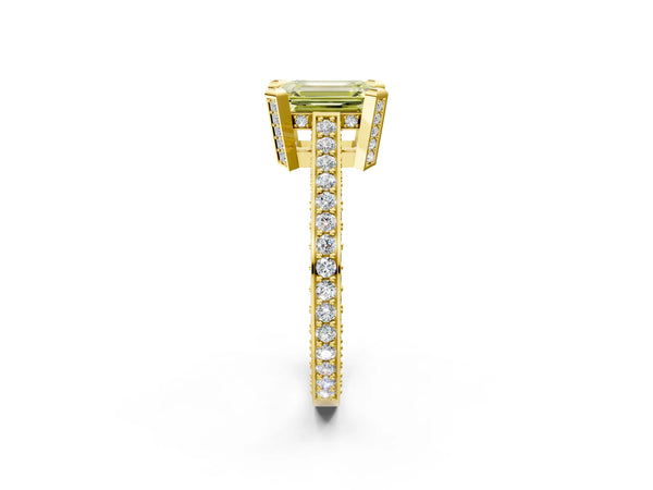Yellow gold Fancy Yellow Emerald Cut Brilliant Split Shank Pave Solitaire Ring with Four-Prong Setting