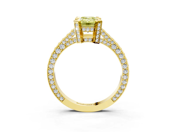 Yellow gold Fancy Yellow Emerald Cut Brilliant Split Shank Pave Solitaire Ring with Four-Prong Setting