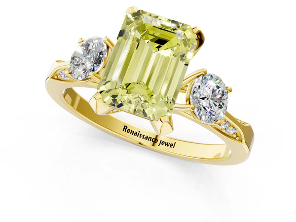 Yellow Gold Emerald Cut Three Stone Hidden Halo Engagement Ring Setting for Fancy Yellow Center