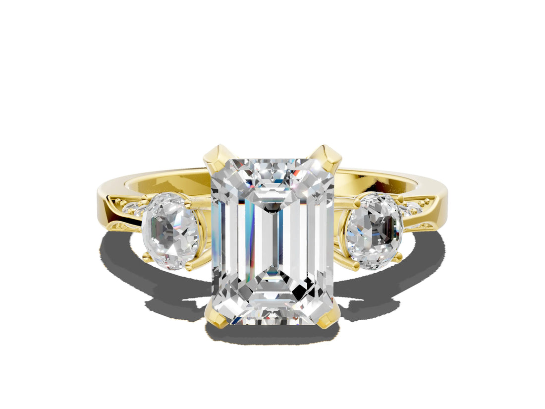 Yellow gold Fancy Yellow Emerald Cut Brilliant Three-Stone Diamond Ring with Pavé Band and Four-Prong Setting_3