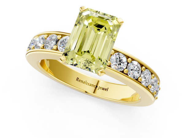 Yellow gold Fancy Yellow Emerald  Cut Channel Set Diamond Engagement Ring with Four-Prong Setting