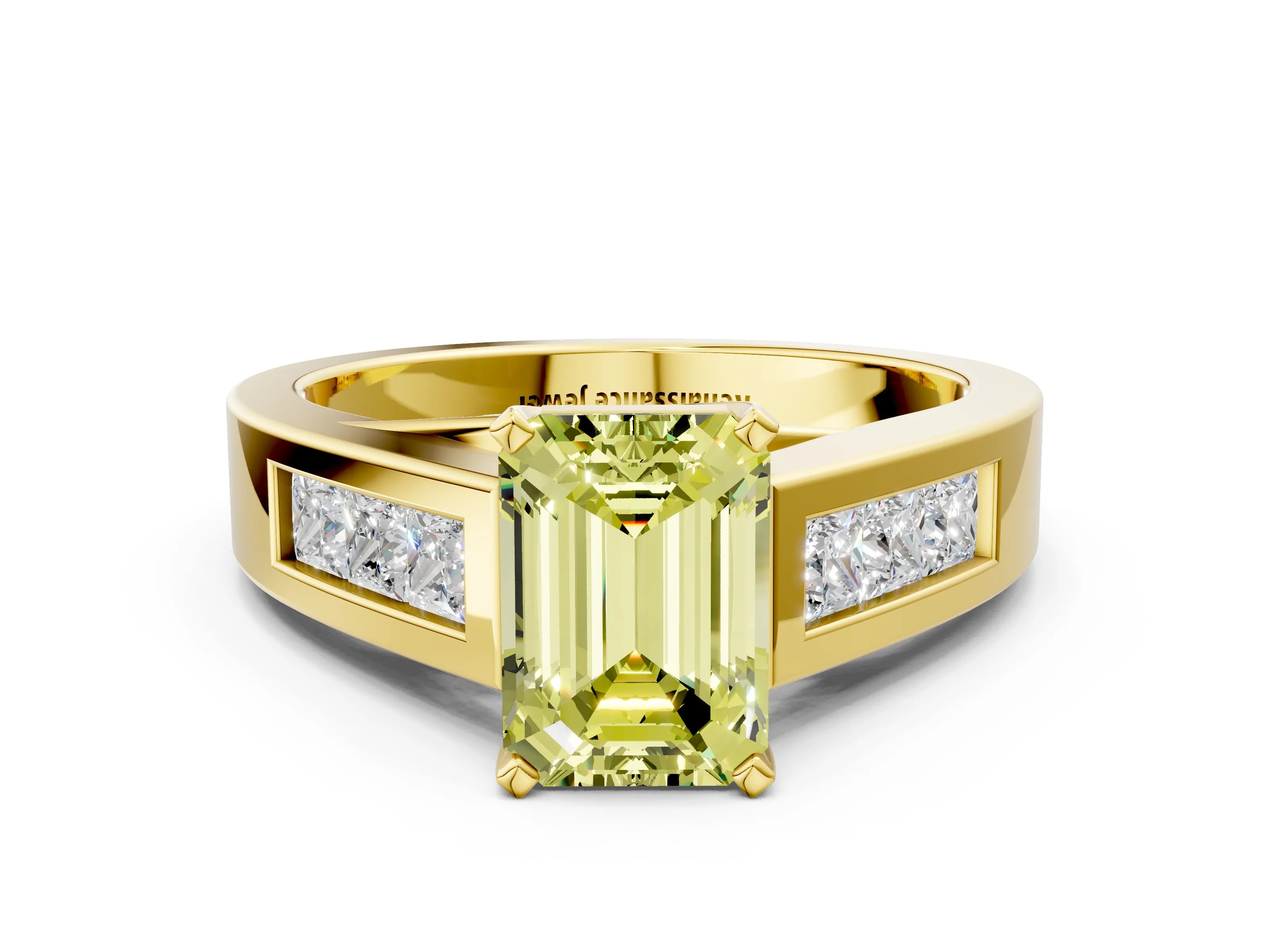Yellow gold Fancy Yellow Emerald Cut Cut Channel Set Solitaire Ring with Four-Prong Setting