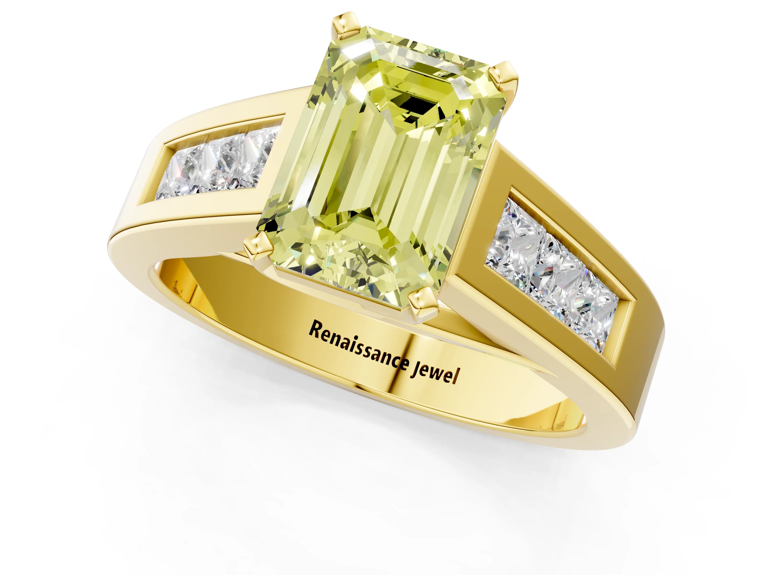 Yellow gold Fancy Yellow Emerald Cut Cut Channel Set Solitaire Ring with Four-Prong Setting_1