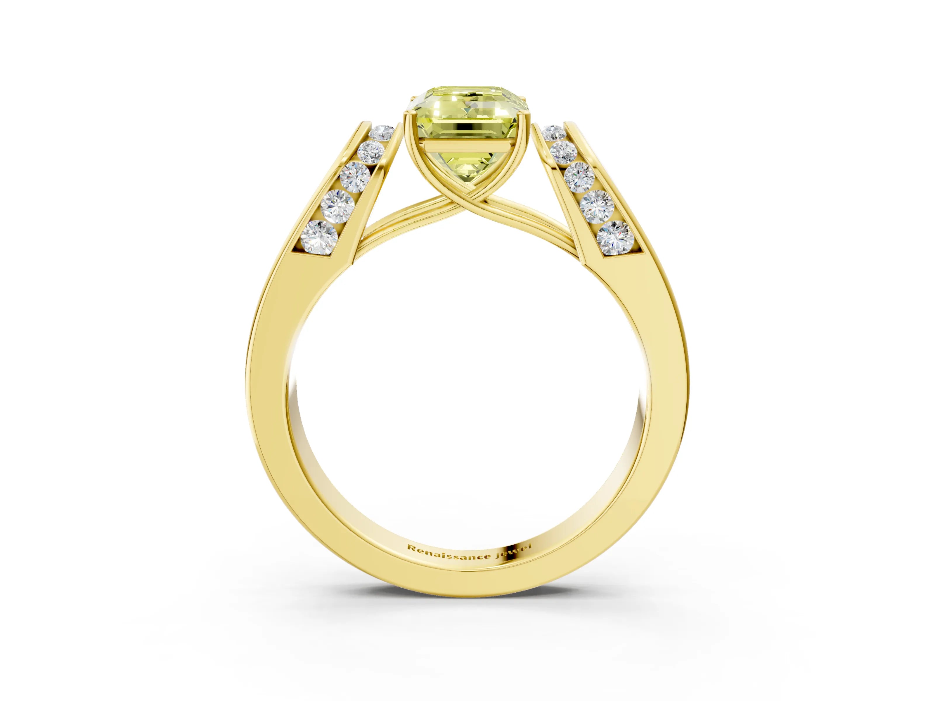 Yellow gold Fancy Yellow Emerald Cut Cut Diamond Channel Set Solitaire Ring with Four-Prong Setting_3