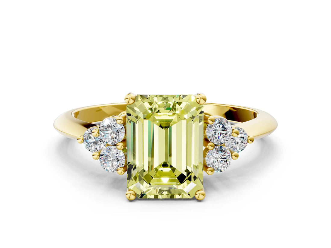 Yellow gold Fancy Yellow Emerald Cut Cut Diamond Cluster Ring with Solitaire Band and Four-Prong Setting
