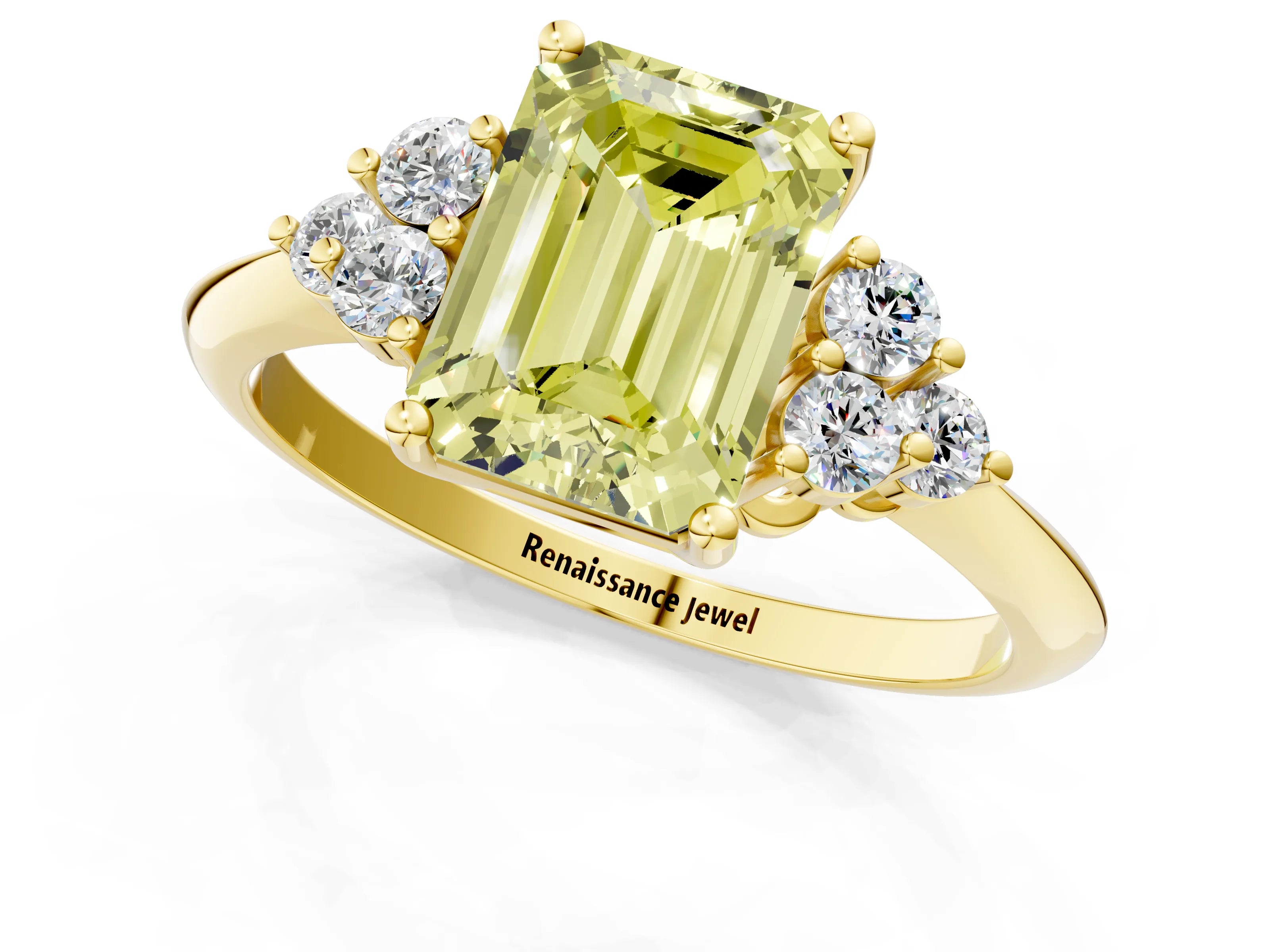 Yellow gold Fancy Yellow Emerald Cut Cut Diamond Cluster Ring with Solitaire Band and Four-Prong Setting_1