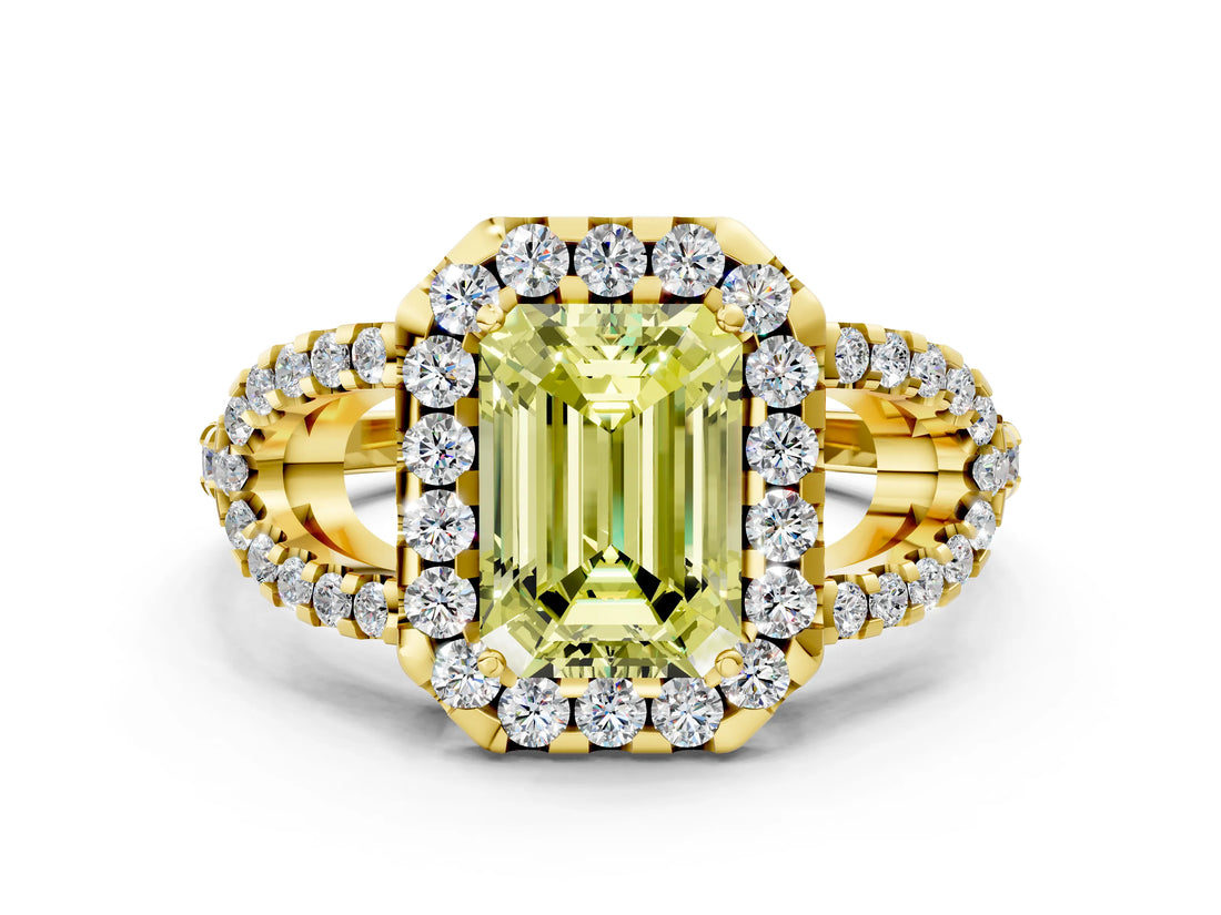 Yellow gold Fancy Yellow Emerald Cut Cut Diamond Halo Engagement Ring with Open Split Pavé Band