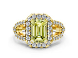 Yellow gold Fancy Yellow Emerald Cut Cut Diamond Halo Engagement Ring with Open Split Pavé Band
