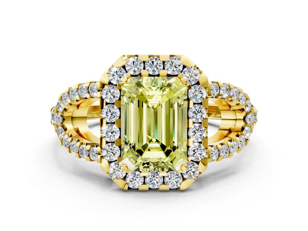 Yellow Gold Emerald Cut Split Shank Pave Halo Engagement Ring Setting for Fancy Yellow Center
