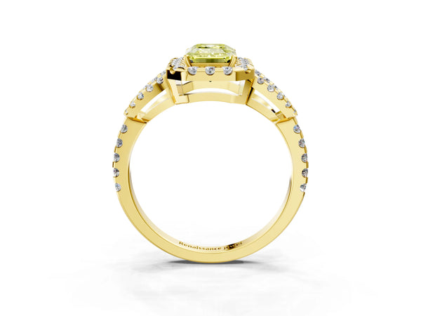 Yellow Gold Emerald Cut Split Shank Pave Halo Engagement Ring Setting for Fancy Yellow Center