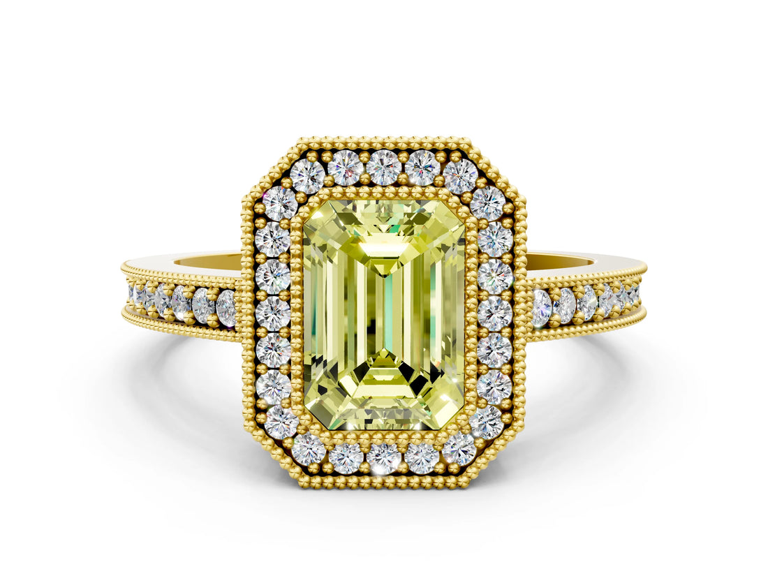Yellow gold Fancy Yellow Emerald Cut-Cut Diamond Halo Engagement Ring with Pave Band and Prong Setting