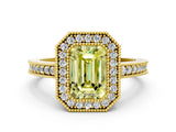 Yellow gold Fancy Yellow Emerald Cut-Cut Diamond Halo Engagement Ring with Pave Band and Prong Setting
