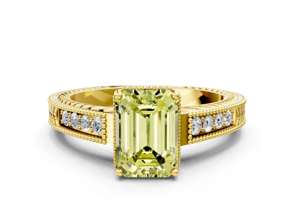 Yellow gold Fancy Yellow Emerald Cut Cut Diamond Milgrain Pave Band Four-Prong Setting Ring