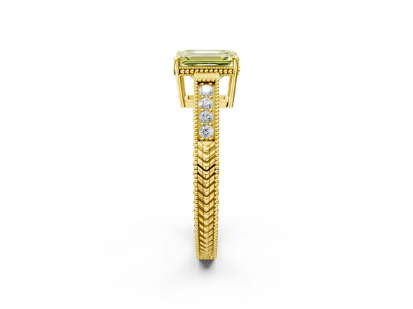 Yellow gold Fancy Yellow Emerald Cut Cut Diamond Milgrain Pave Band Four-Prong Setting Ring