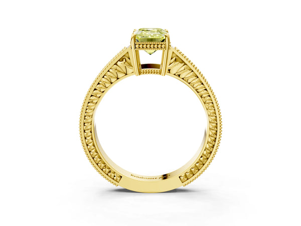 Yellow gold Fancy Yellow Emerald Cut Cut Diamond Milgrain Pave Band Four-Prong Setting Ring