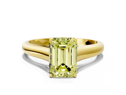 Yellow gold Fancy Yellow Emerald Cut Cut Diamond Solitaire Engagement Ring with Tapered Plain Band and Four-Prong Setting