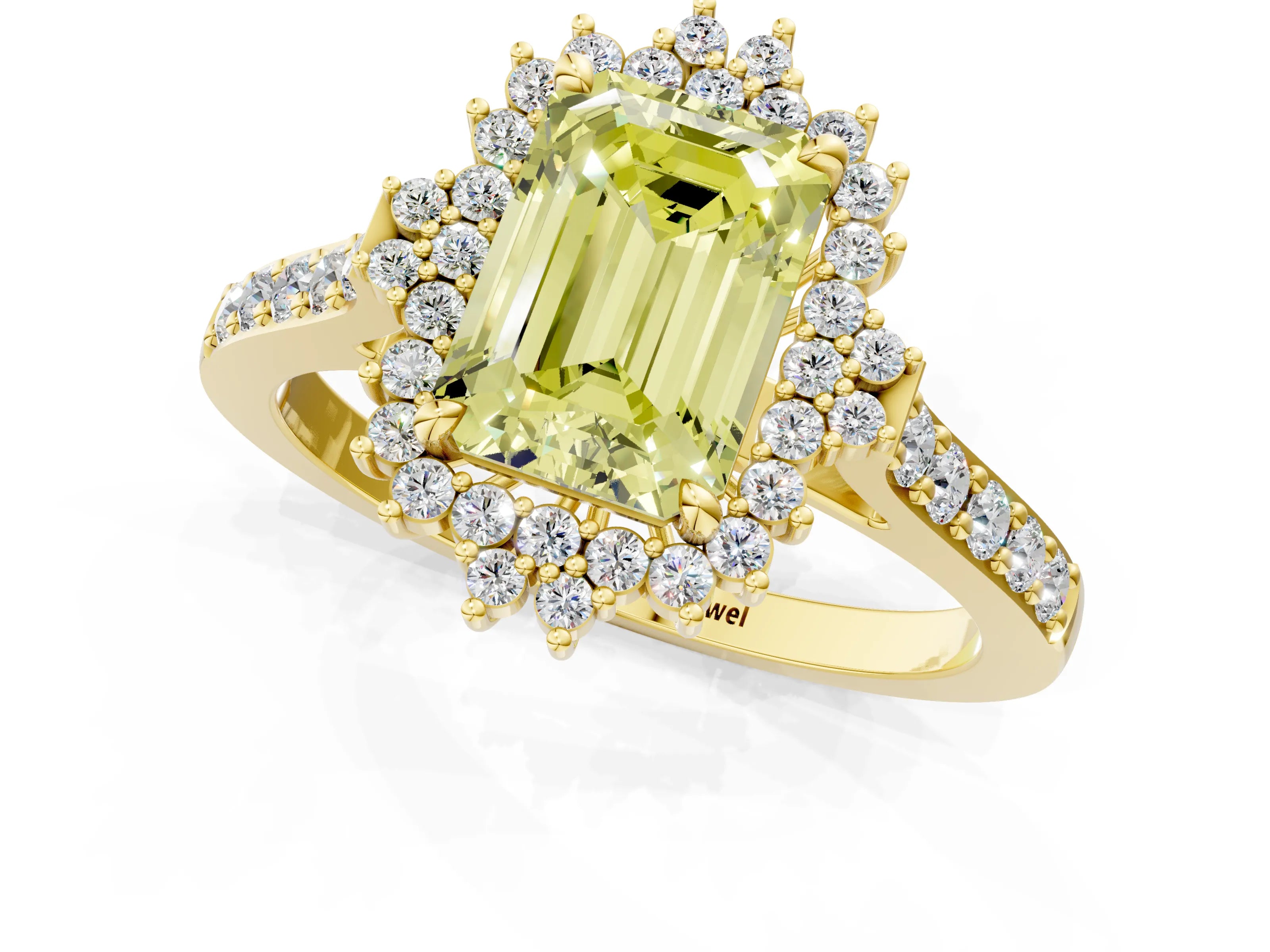 Yellow gold Fancy Yellow Emerald Cut Cut Diamond Sunburst Halo Engagement Ring with Pavé Band_10