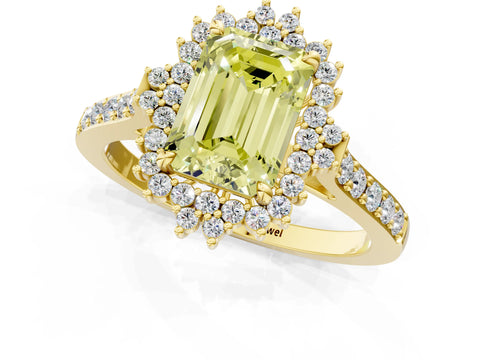 Yellow gold Fancy Yellow Emerald Cut Cut Diamond Sunburst Halo Engagement Ring with Pavé Band_10