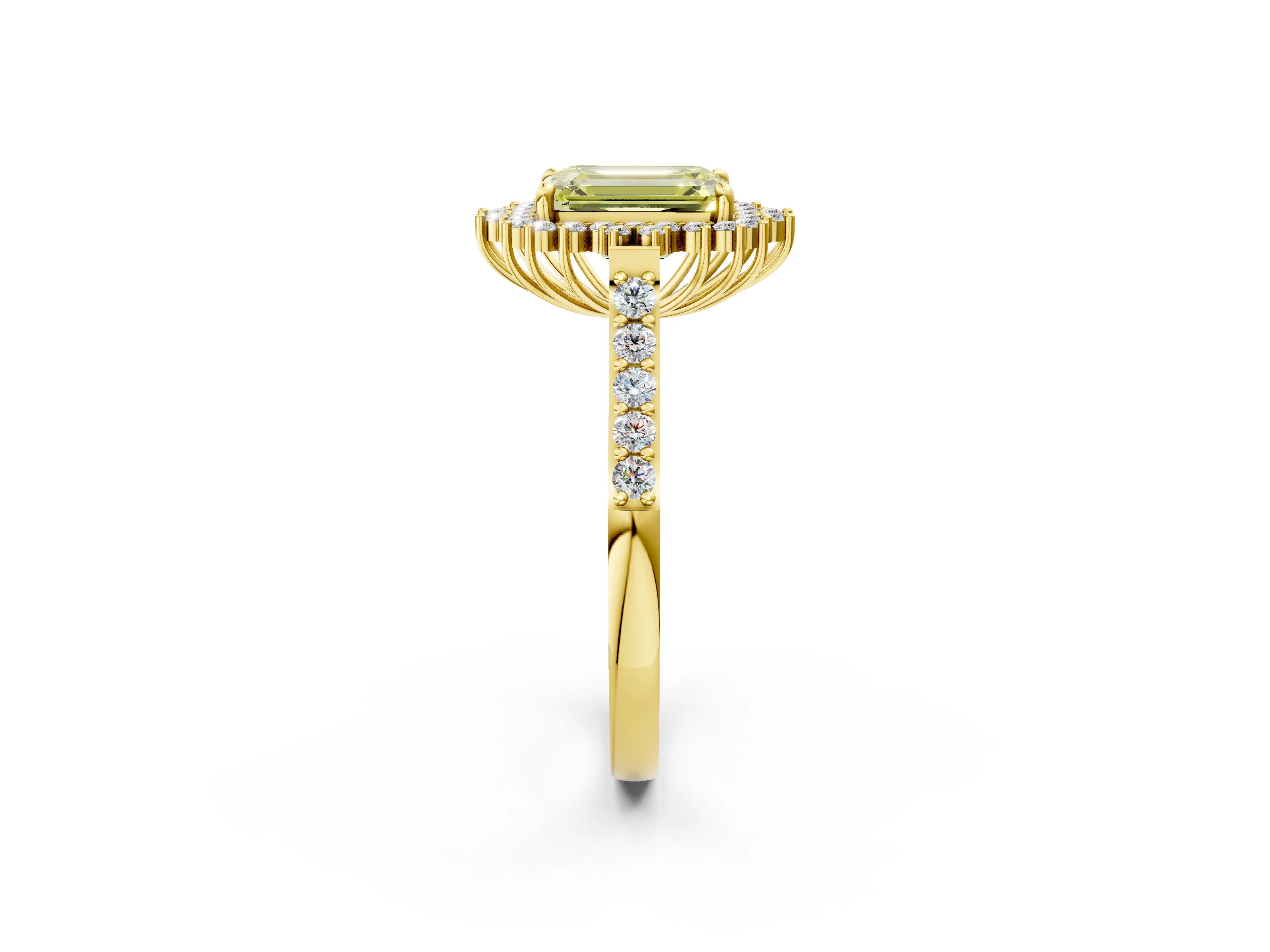 Yellow gold Fancy Yellow Emerald Cut Cut Diamond Sunburst Halo Engagement Ring with Pavé Band_2