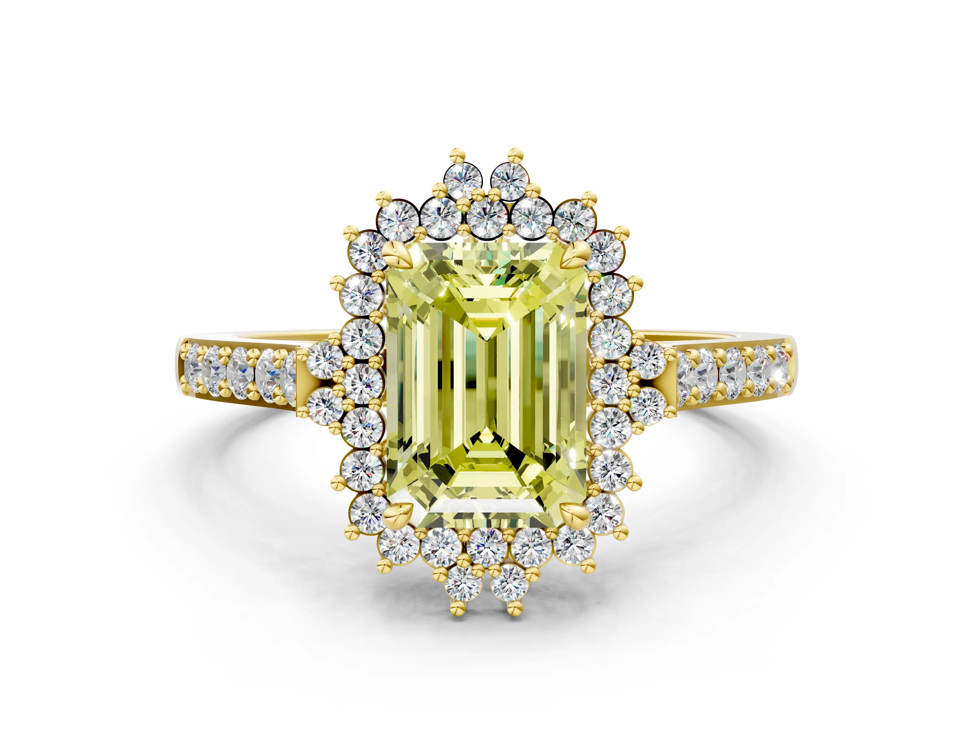 Yellow gold Fancy Yellow Emerald Cut Cut Diamond Sunburst Halo Engagement Ring with Pavé Band_21