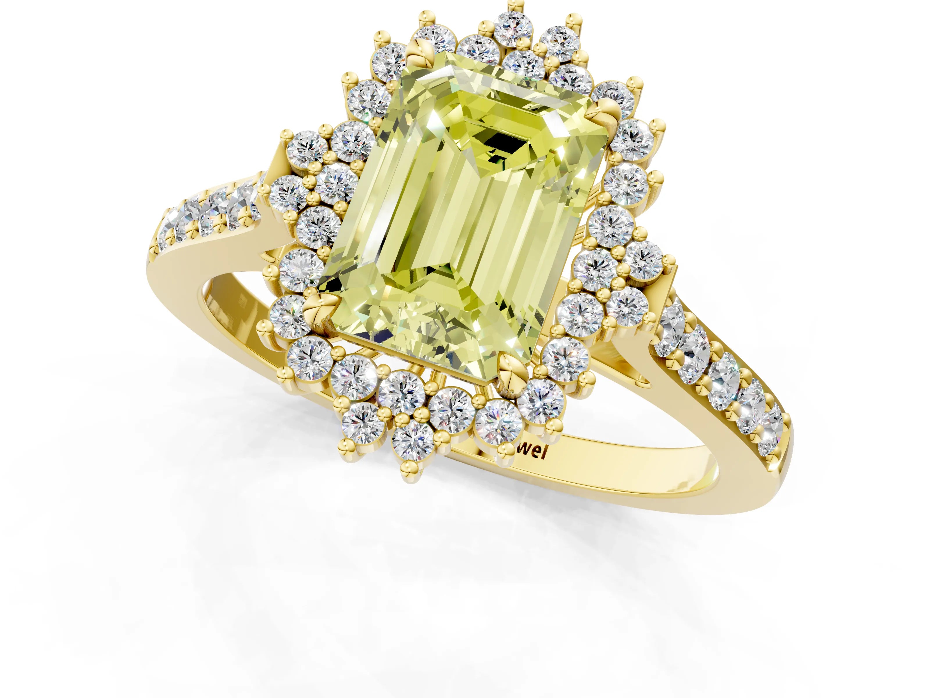 Yellow gold Fancy Yellow Emerald Cut Cut Diamond Sunburst Halo Engagement Ring with Pavé Band_22