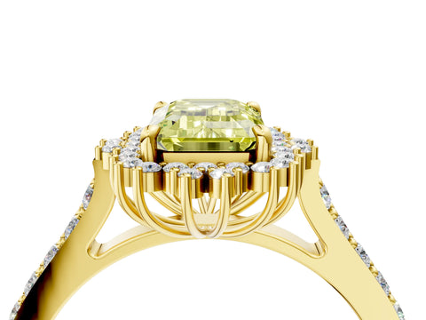 Yellow gold Fancy Yellow Emerald Cut Cut Diamond Sunburst Halo Engagement Ring with Pavé Band_25