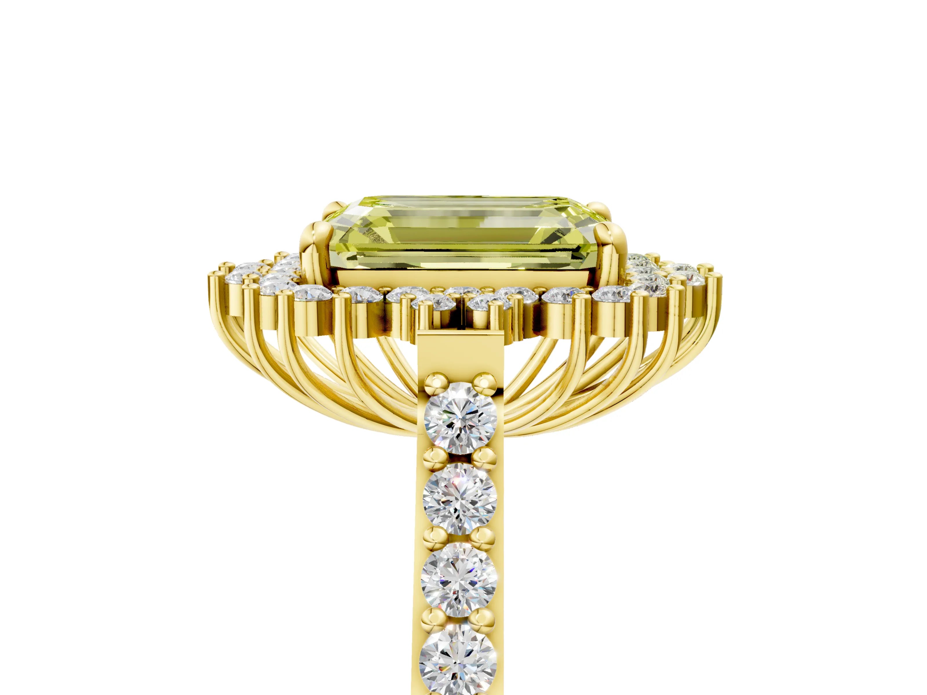 Yellow gold Fancy Yellow Emerald Cut Cut Diamond Sunburst Halo Engagement Ring with Pavé Band_26