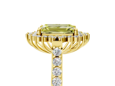 Yellow gold Fancy Yellow Emerald Cut Cut Diamond Sunburst Halo Engagement Ring with Pavé Band_26