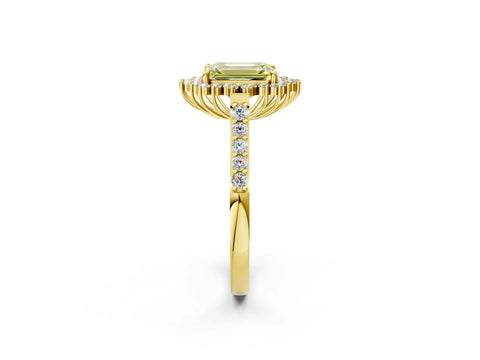 Yellow gold Fancy Yellow Emerald Cut Cut Diamond Sunburst Halo Engagement Ring with Pavé Band_2