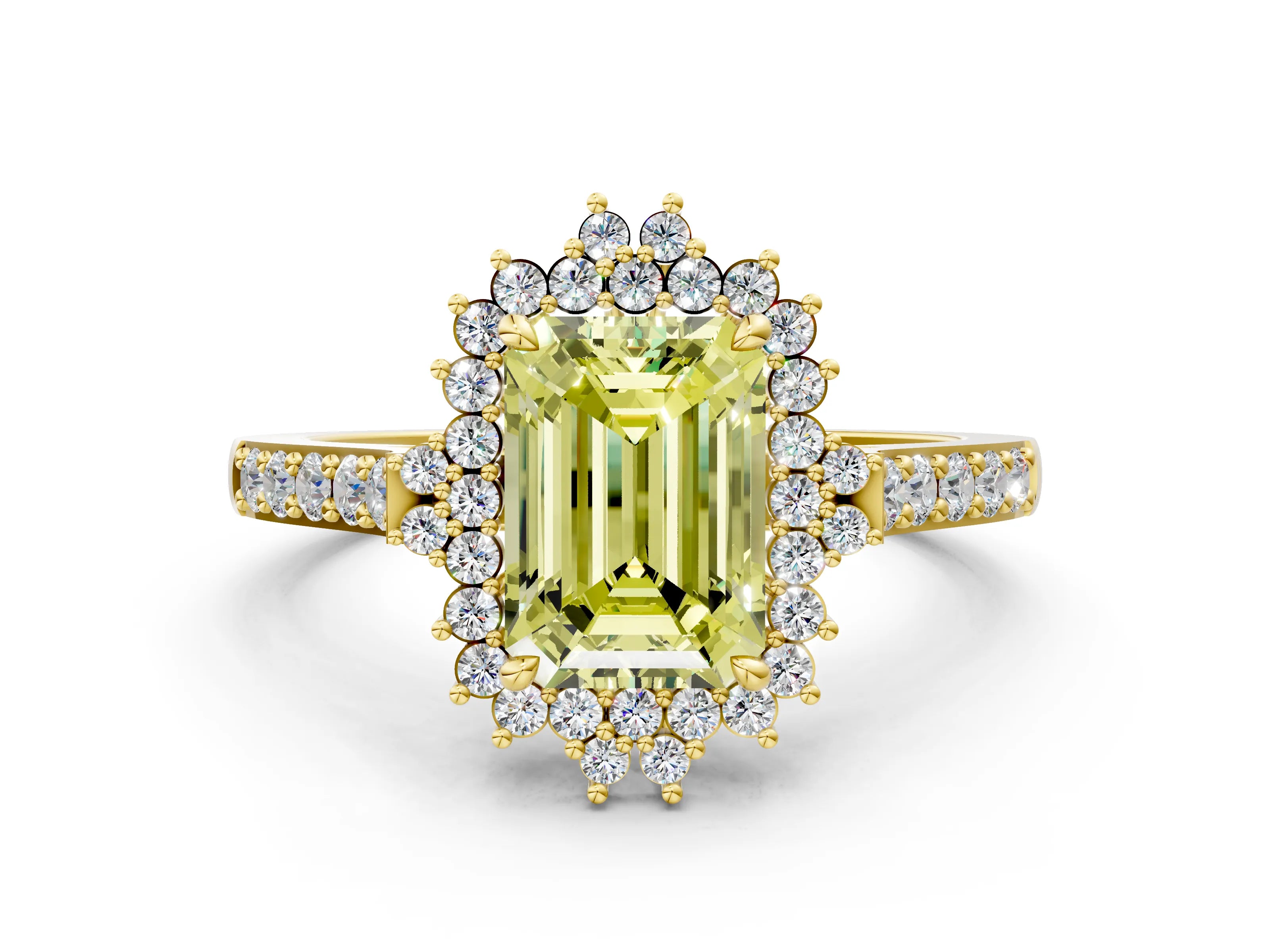 Yellow gold Fancy Yellow Emerald Cut Cut Diamond Sunburst Halo Engagement Ring with Pavé Band_9