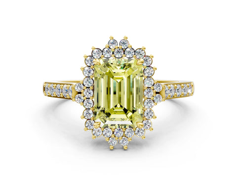 Yellow gold Fancy Yellow Emerald Cut Cut Diamond Sunburst Halo Engagement Ring with Pavé Band_9