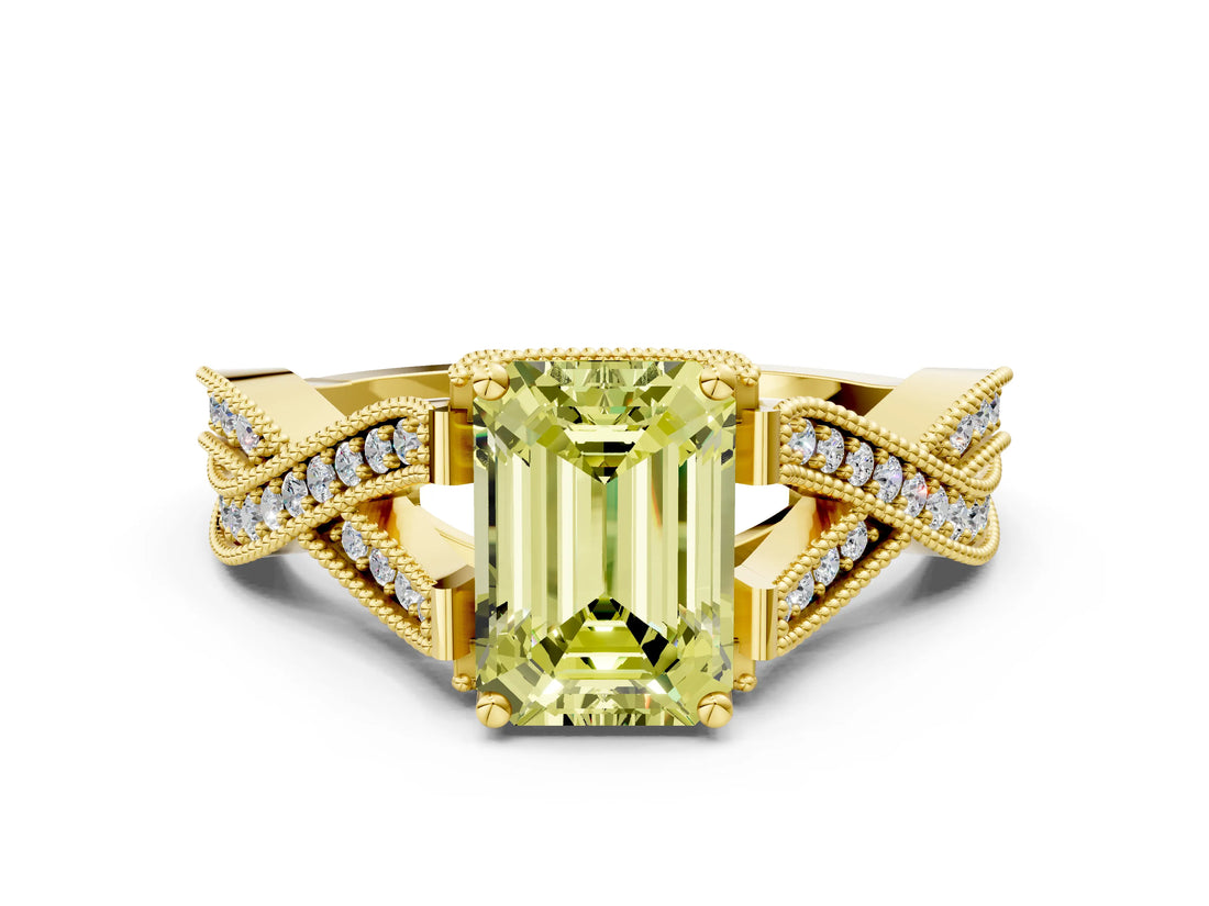 Yellow gold Fancy Yellow Emerald Cut Cut Diamond Twisted Band with Milgrain Pave Setting and Four-Prong Setting
