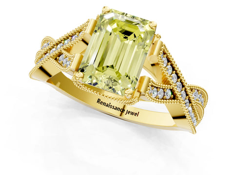Yellow gold Fancy Yellow Emerald Cut Cut Diamond Twisted Band with Milgrain Pave Setting and Four-Prong Setting_1