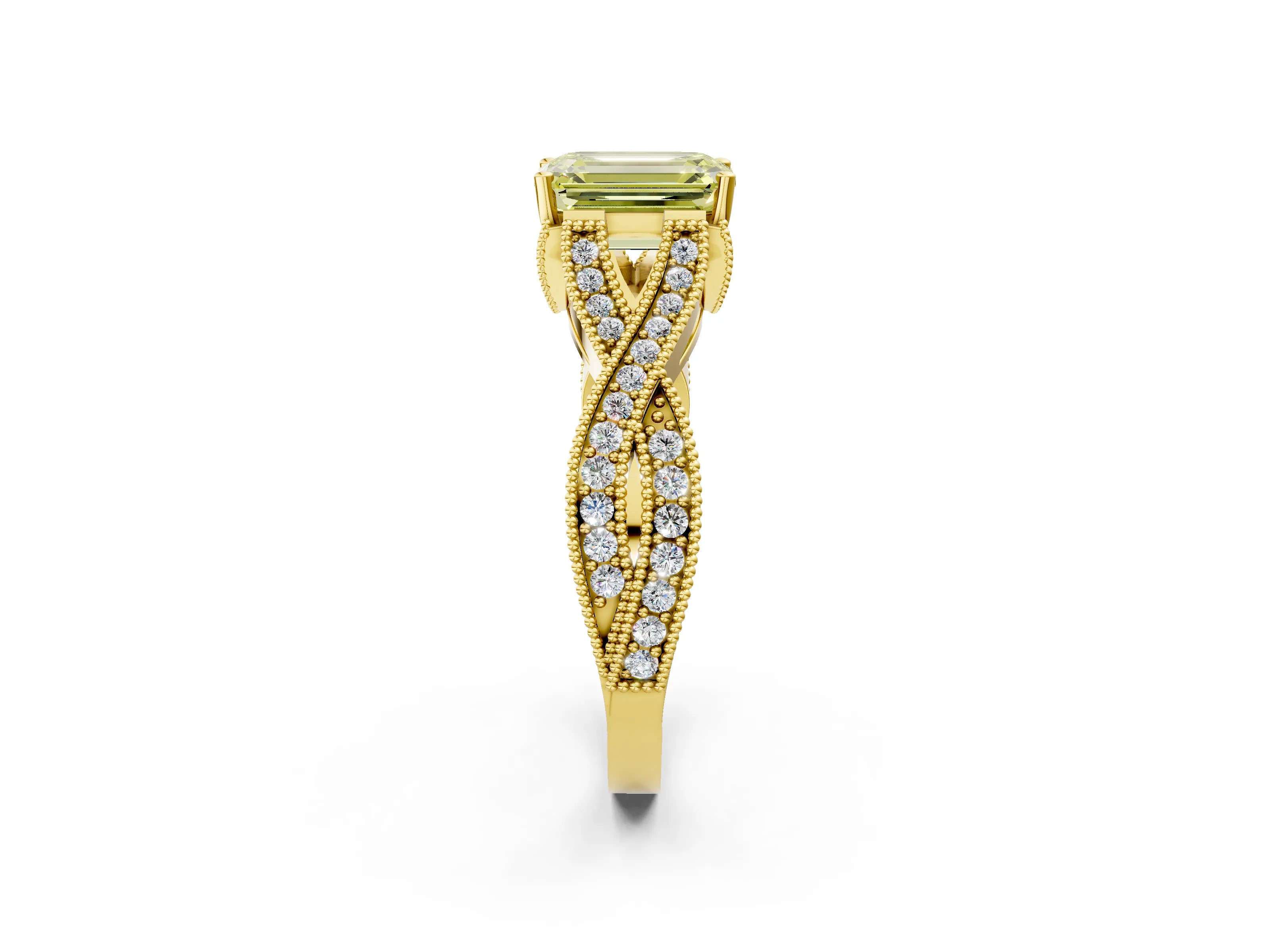 Yellow gold Fancy Yellow Emerald Cut Cut Diamond Twisted Band with Milgrain Pave Setting and Four-Prong Setting_2