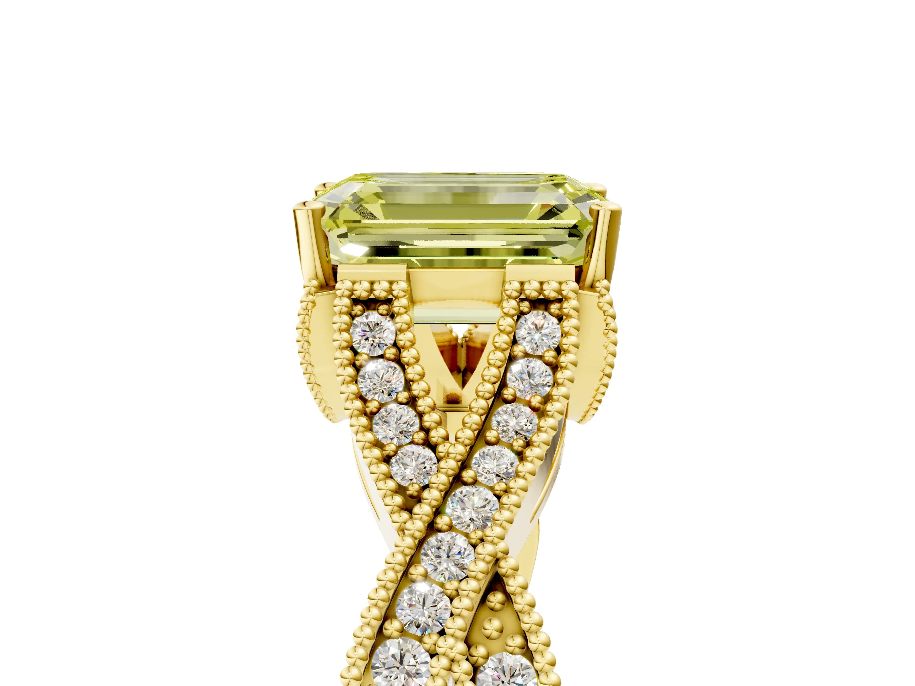 Yellow gold Fancy Yellow Emerald Cut Cut Diamond Twisted Band with Milgrain Pave Setting and Four-Prong Setting_5