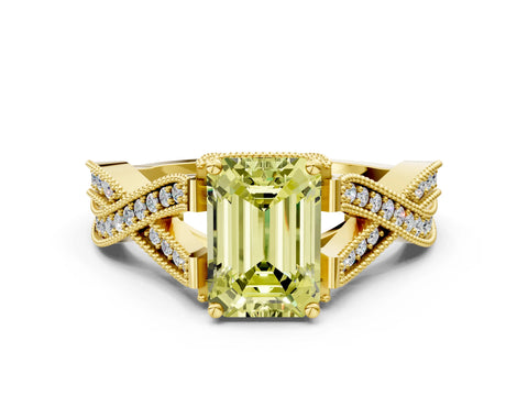 Yellow gold Fancy Yellow Emerald Cut Cut Diamond Twisted Band with Milgrain Pave Setting and Four-Prong Setting