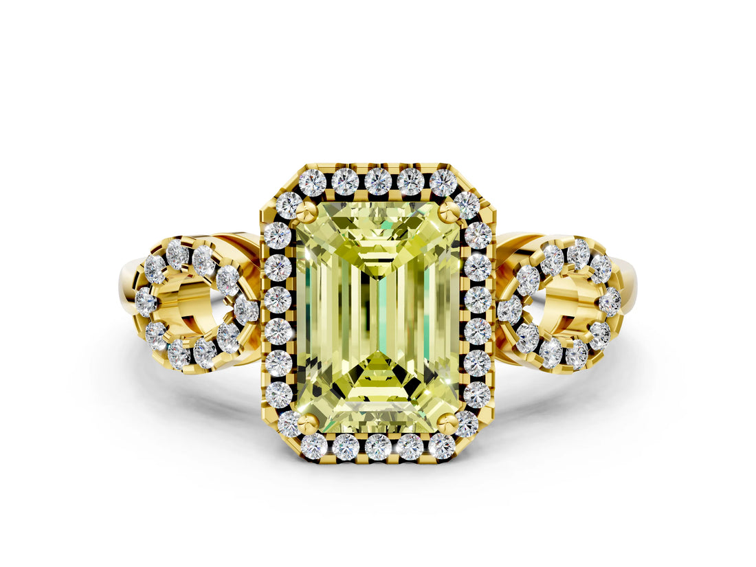 Yellow gold Fancy Yellow Emerald Cut Cut Halo Diamond Infinity Band with Four-Prong Setting