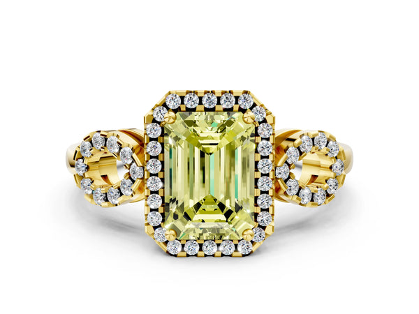 Yellow Gold Emerald Cut Pave Infinity Halo Engagement Ring Setting for Fancy Yellow Center