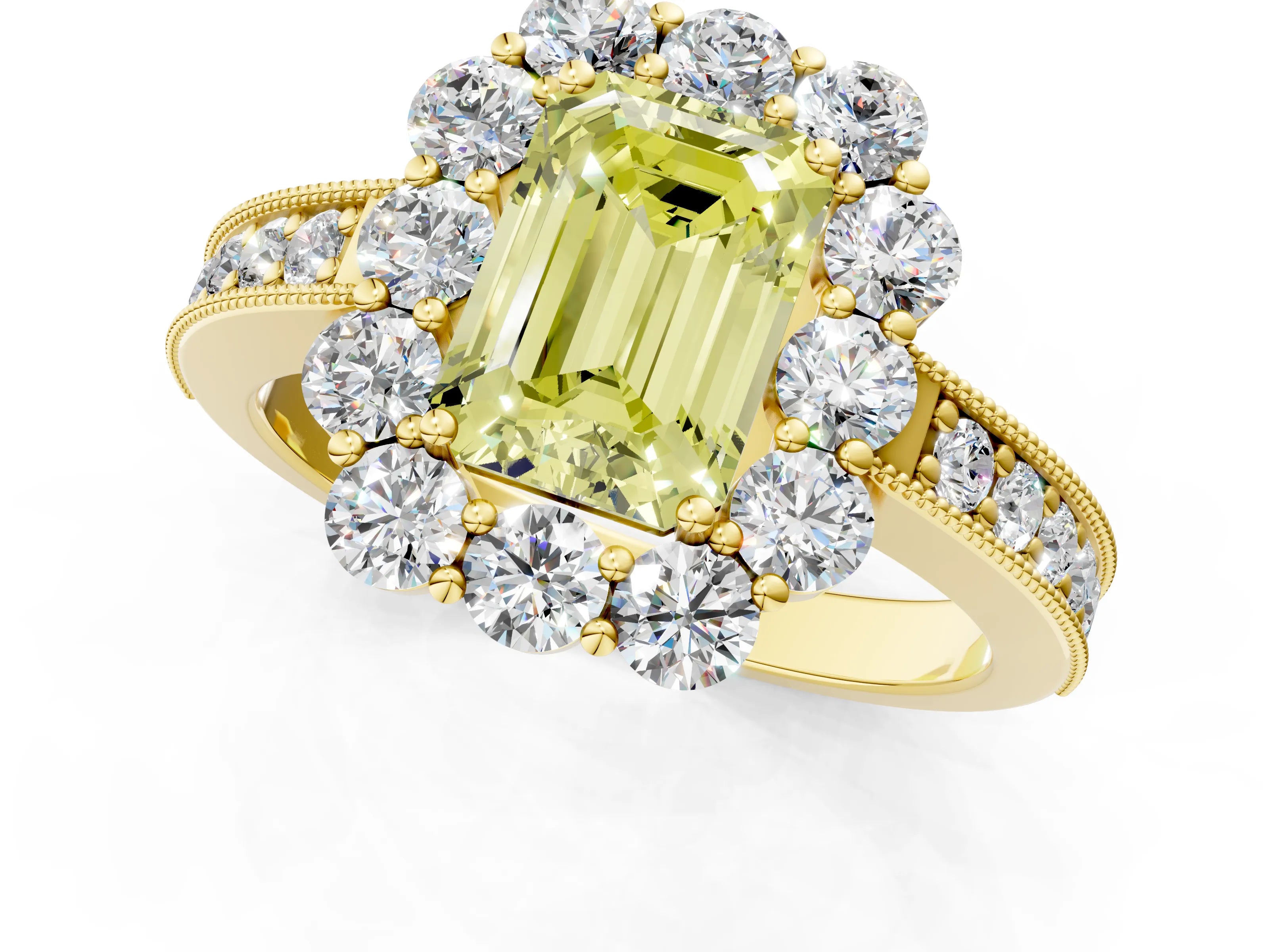 Yellow gold Fancy Yellow Emerald Cut Cut Halo Diamond Pavé Engagement Ring with Milgrain Detailing_1