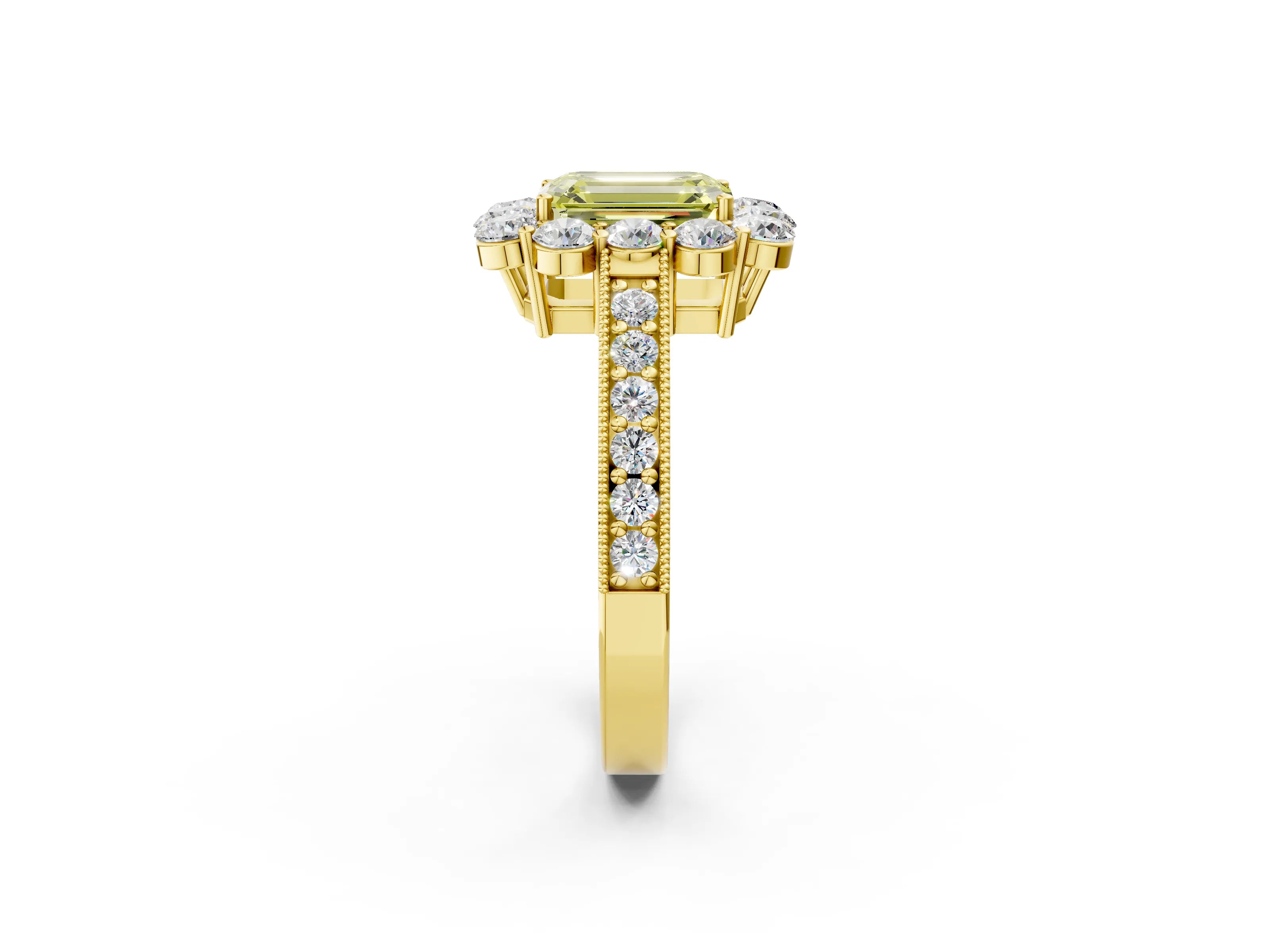 Yellow gold Fancy Yellow Emerald Cut Cut Halo Diamond Pavé Engagement Ring with Milgrain Detailing_2