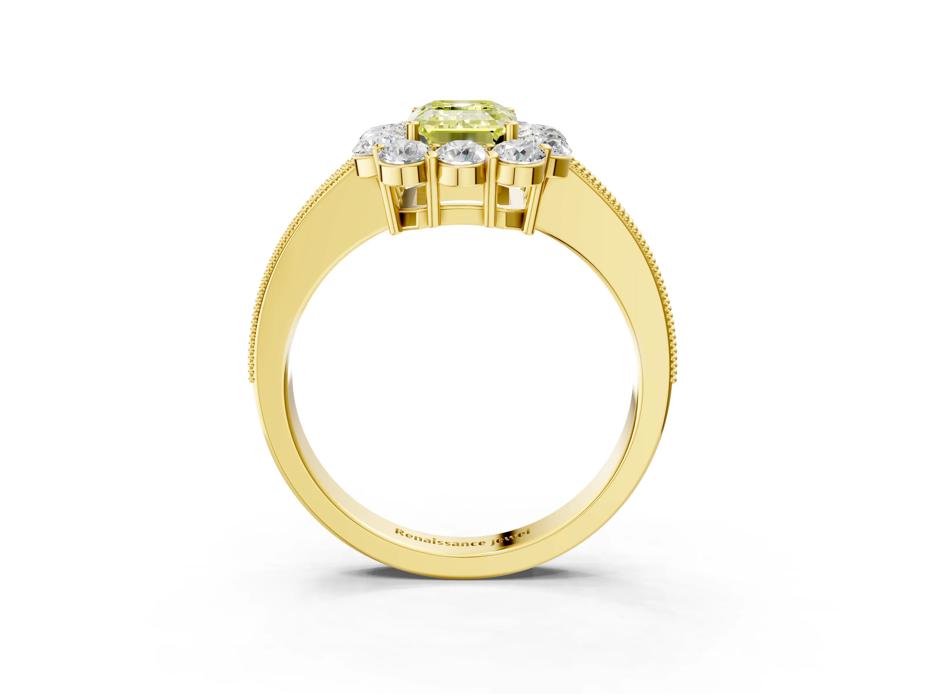 Yellow gold Fancy Yellow Emerald Cut Cut Halo Diamond Pavé Engagement Ring with Milgrain Detailing_3